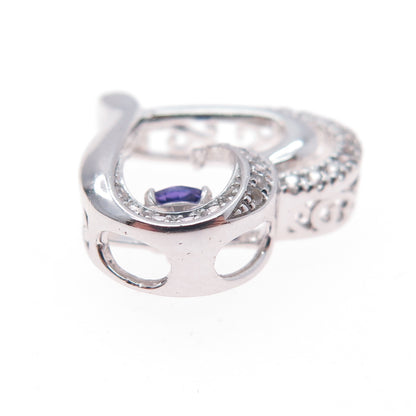 925 Sterling Silver Real White Topaz & Amethyst Heart Mini Slide Charm Pendant