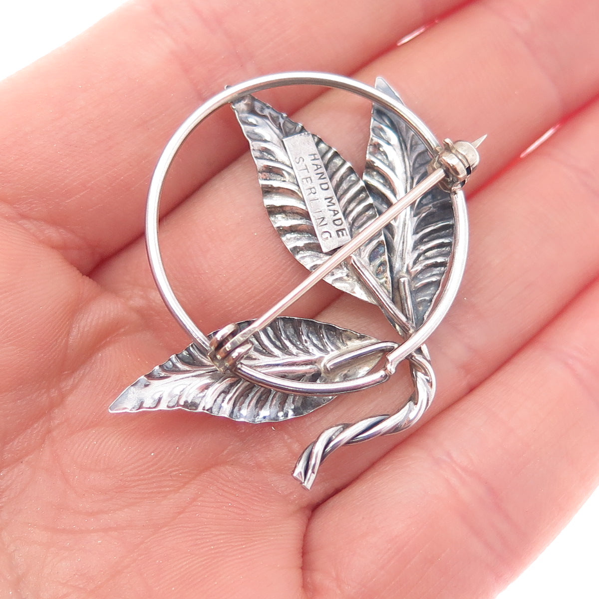 925 Sterling Silver Vintage Floral Leaf Handmade Oxidized Pin Brooch