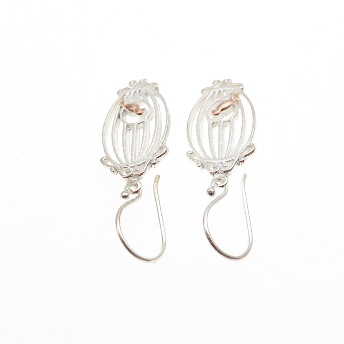 925 Sterling Silver 2-Tone Bird & Cage Dangle Earrings