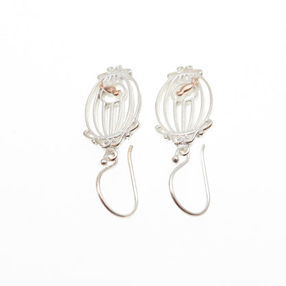 925 Sterling Silver 2-Tone Bird & Cage Dangle Earrings