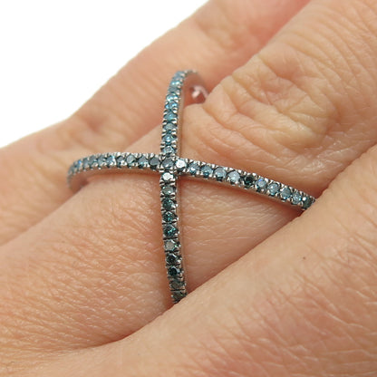 925 Sterling Silver Real Round-Cut Fancy Blue Diamond Crisscross Ring Size 6.25