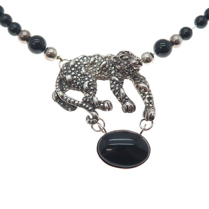 925 Sterling Silver Vintage Real Black Onyx Panther Oxidized Beaded Necklace 20"