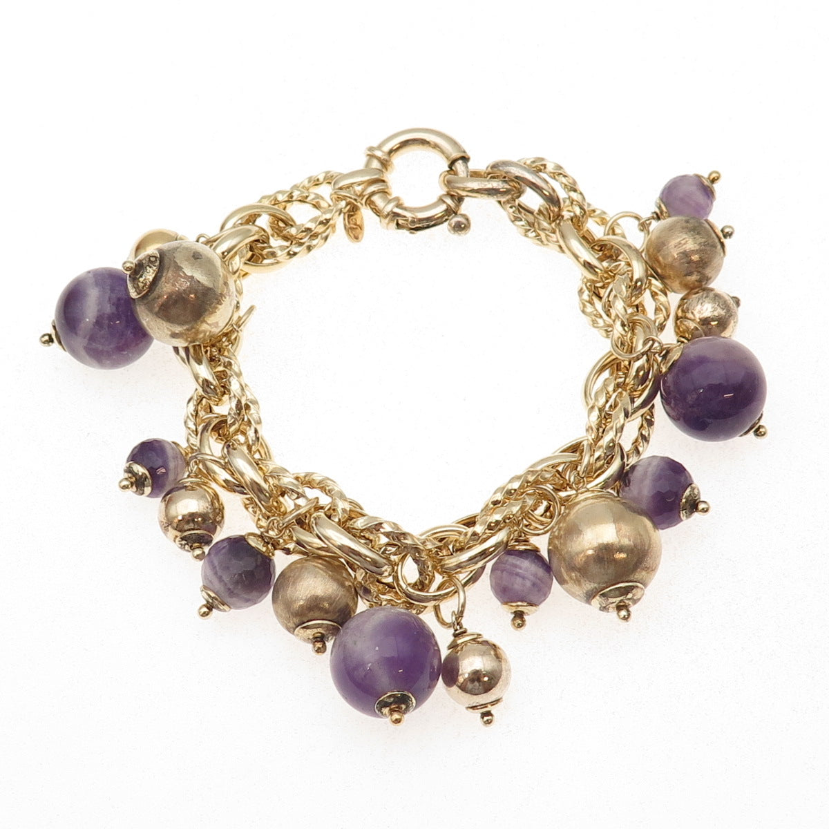 925 Sterling Silver Gold Plated Italy Real Amethyst Cha-Cha Bracelet 7"