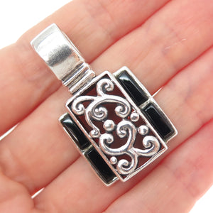 SIDNEY EVAN Sterling Silver Vintage Real Black Onyx Swirl Floral Charm Pendant
