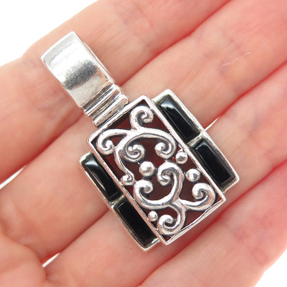 SIDNEY EVAN Sterling Silver Vintage Real Black Onyx Swirl Floral Charm Pendant