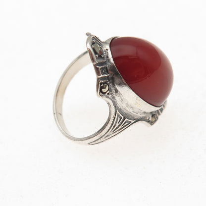 925 Sterling Silver Antique Art Deco Real Carnelian & Marcasite Ring Size 4.5