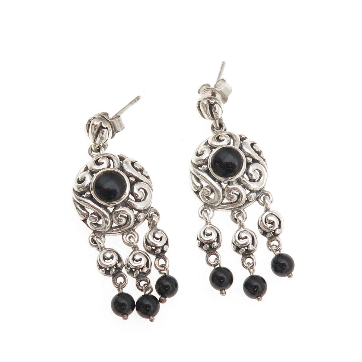 925 Sterling Silver Vintage Real Black Onyx Spiral Oxidized Dangle Earrings