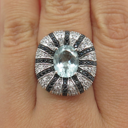 925 Sterling Silver Real Blue & White Topaz Black Spinel Ring Size 8