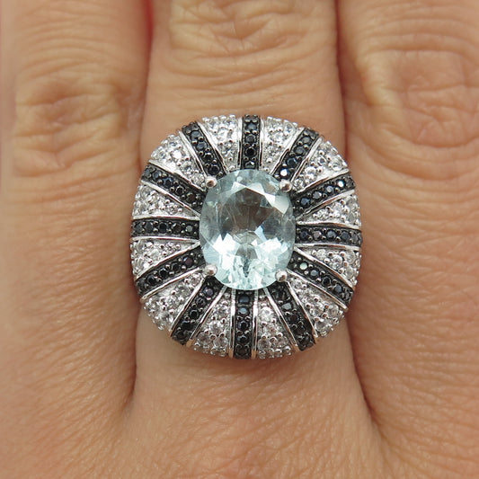 925 Sterling Silver Real Blue & White Topaz Black Spinel Ring Size 8