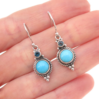 925 Sterling Silver Vintage Real Turquoise & London Blue Topaz Dangle Earrings
