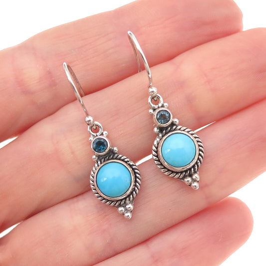 925 Sterling Silver Vintage Real Turquoise & London Blue Topaz Dangle Earrings