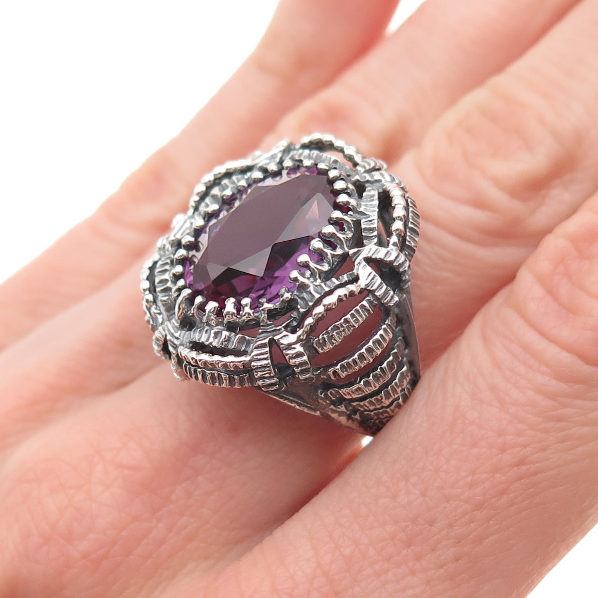 925 Sterling Silver Vintage Lab-Created Peacock Sapphire Oxidized Ring Size 7.5