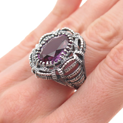 925 Sterling Silver Vintage Lab-Created Peacock Sapphire Oxidized Ring Size 7.5