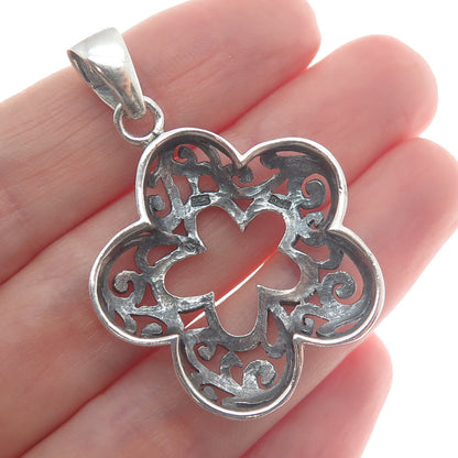 SX SALLY C 925 Sterling Silver Vintage Ornate Double Flower Pendant