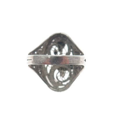 925 Sterling Silver Vintage Real Malachite Gem Filigree Oxidized Ring Size 9.25