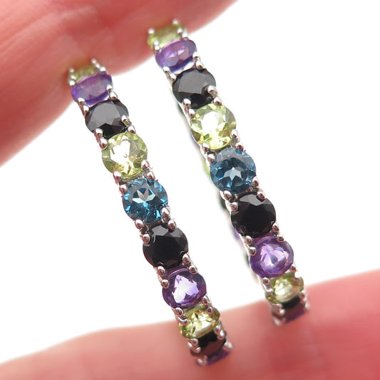 925 Sterling Silver Real Topaz Amethyst Peridot Spinel In & Out Hoop Earrings