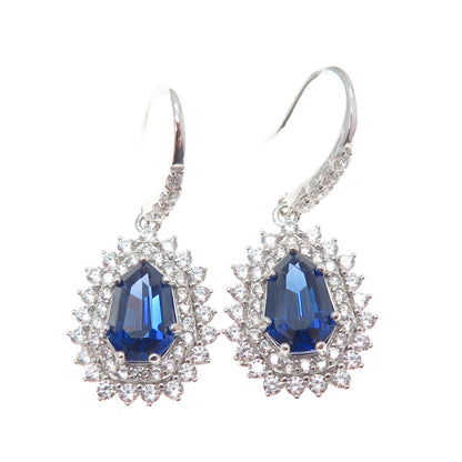 DSMK 925 Sterling Silver Pear & Round-Cut Blue White C Z Dangle Earrings