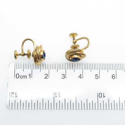 Gold Filled Antique Art Deco Blue Rhinestone Trinity Knot Screw Back Earrings