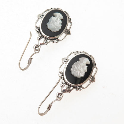 Ken Crafts 925 Sterling Vintage Real MOP & Black Onyx Lady Cameo Dangle Earrings