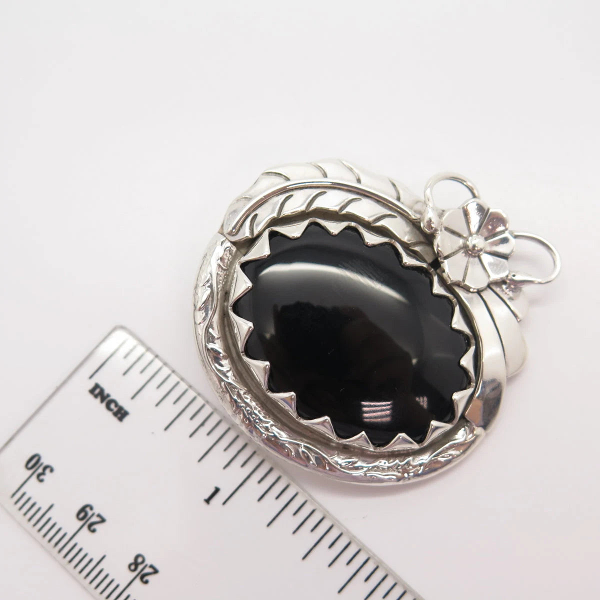 925 Sterling Silver Vintage Mexico Black Onyx Gem Floral Leaf Brooch / Pendant
