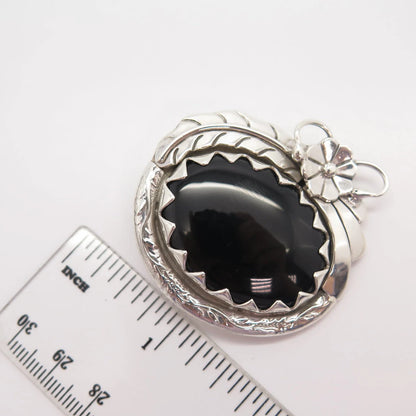 925 Sterling Silver Vintage Mexico Black Onyx Gem Floral Leaf Brooch / Pendant