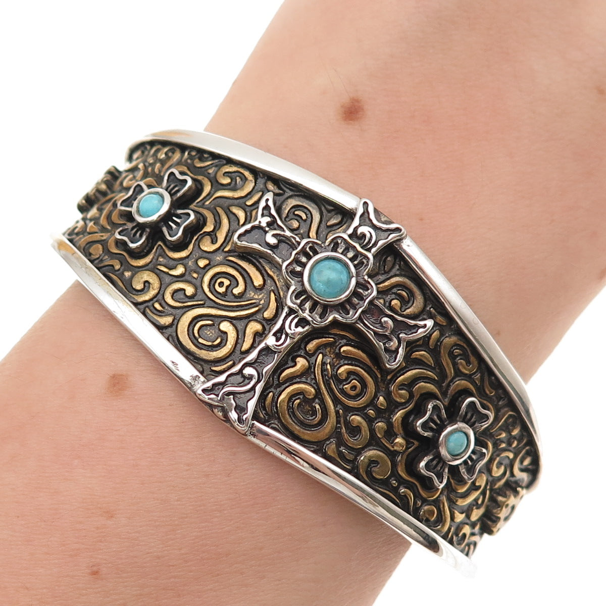 Carolyn Pollack Sterling & Brass Vintage Turquoise Cross Adjustable Bracelet 6"