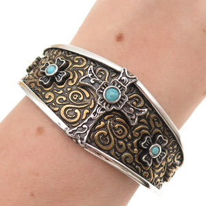 Carolyn Pollack Sterling & Brass Vintage Turquoise Cross Adjustable Bracelet 6"