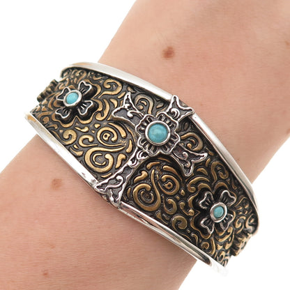 Carolyn Pollack Sterling & Brass Vintage Turquoise Cross Adjustable Bracelet 6"