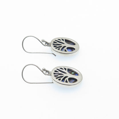 925 Sterling Silver Vintage Real Abalone Shell Tree of Life Dangle Earrings