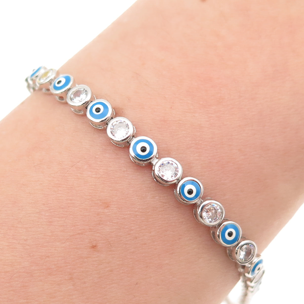 925 Sterling Silver Enamel & C Z Evil's Eye Adjustable Bolo Bracelet 6-9.5"