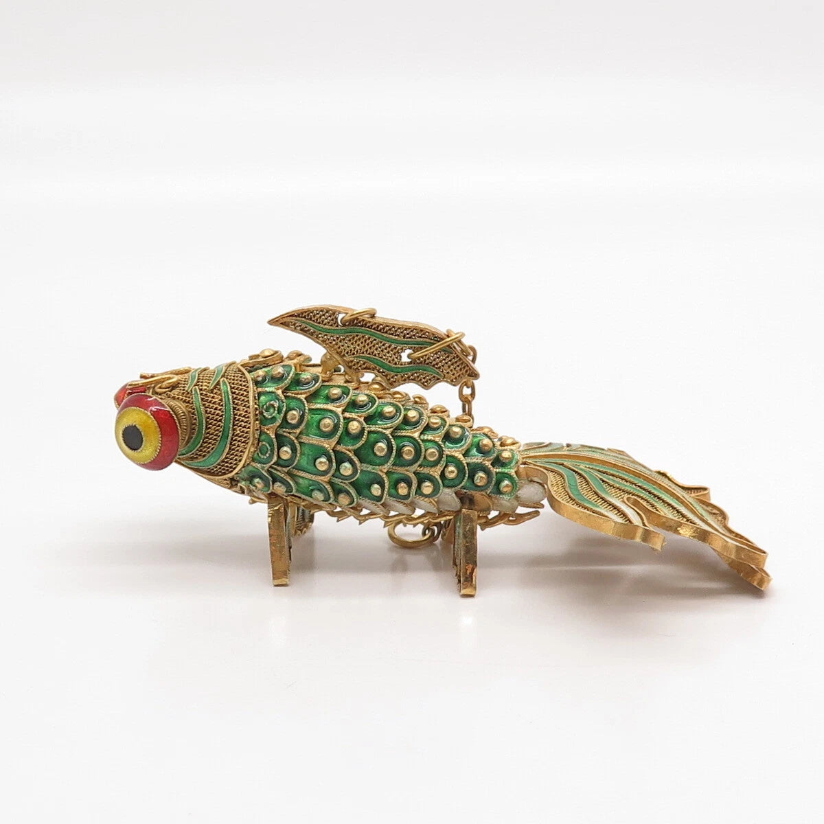 925 Sterling Silver Gold Plated Enamel Antique Chinese Koi Fish Chatelaine Fob