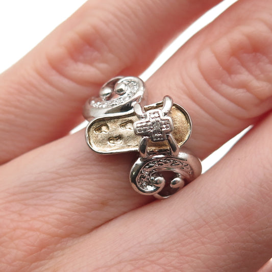 925 Sterling Silver 2-Tone Real Diamond Accent He Walks w/ Me Cross Ring Size 6