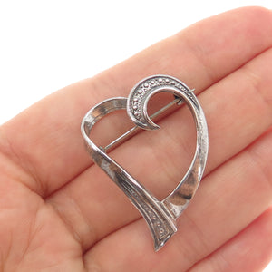 925 Sterling Silver Vintage Modernist Open Heart Oxidized Pin Brooch