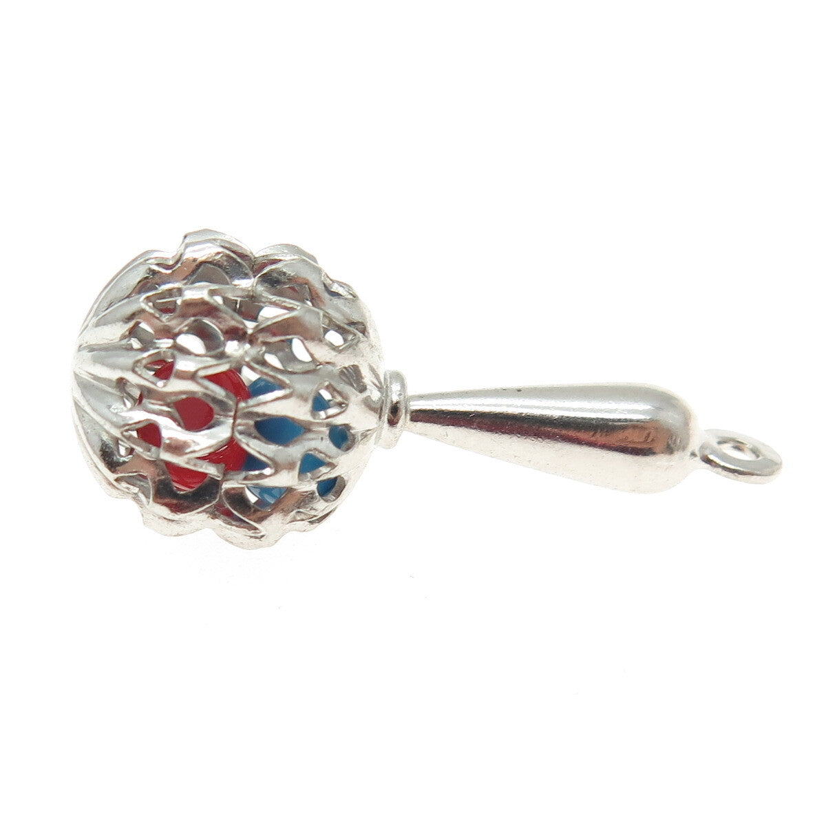 925 Sterling Silver Antique Art Deco Red & Blue Glass Baby Rattle Pendant
