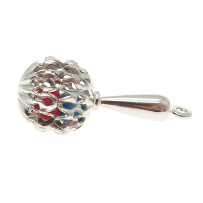 925 Sterling Silver Antique Art Deco Red & Blue Glass Baby Rattle Pendant