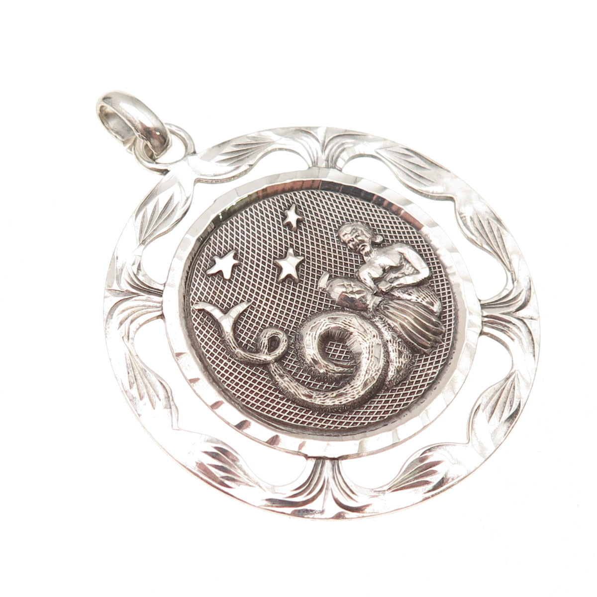925 Sterling Silver Vintage Mexico Aquarius Zodiac Sign Oxidized Pendant