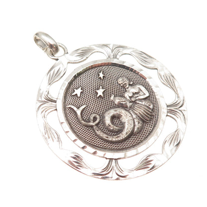 925 Sterling Silver Vintage Mexico Aquarius Zodiac Sign Oxidized Pendant