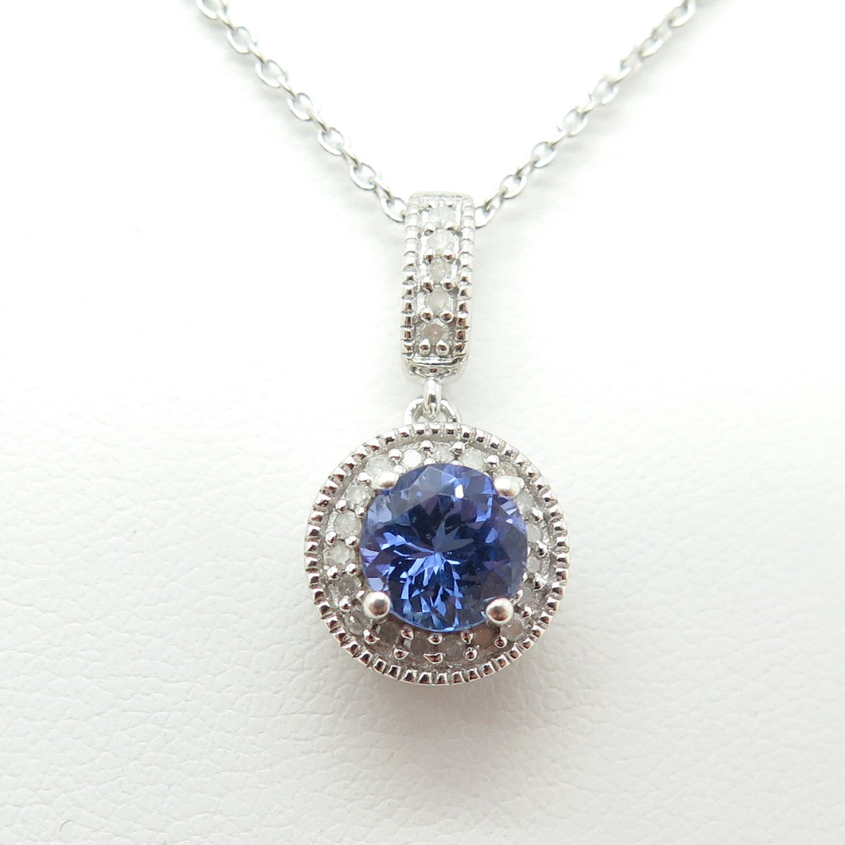 925 Sterling Silver Real Round-Cut Diamond & Tanzanite Cable Chain Necklace 18"