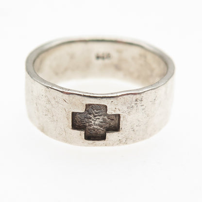 925 Sterling Silver Vintage Cross Hammered Oxidized Band Ring Size 6.5