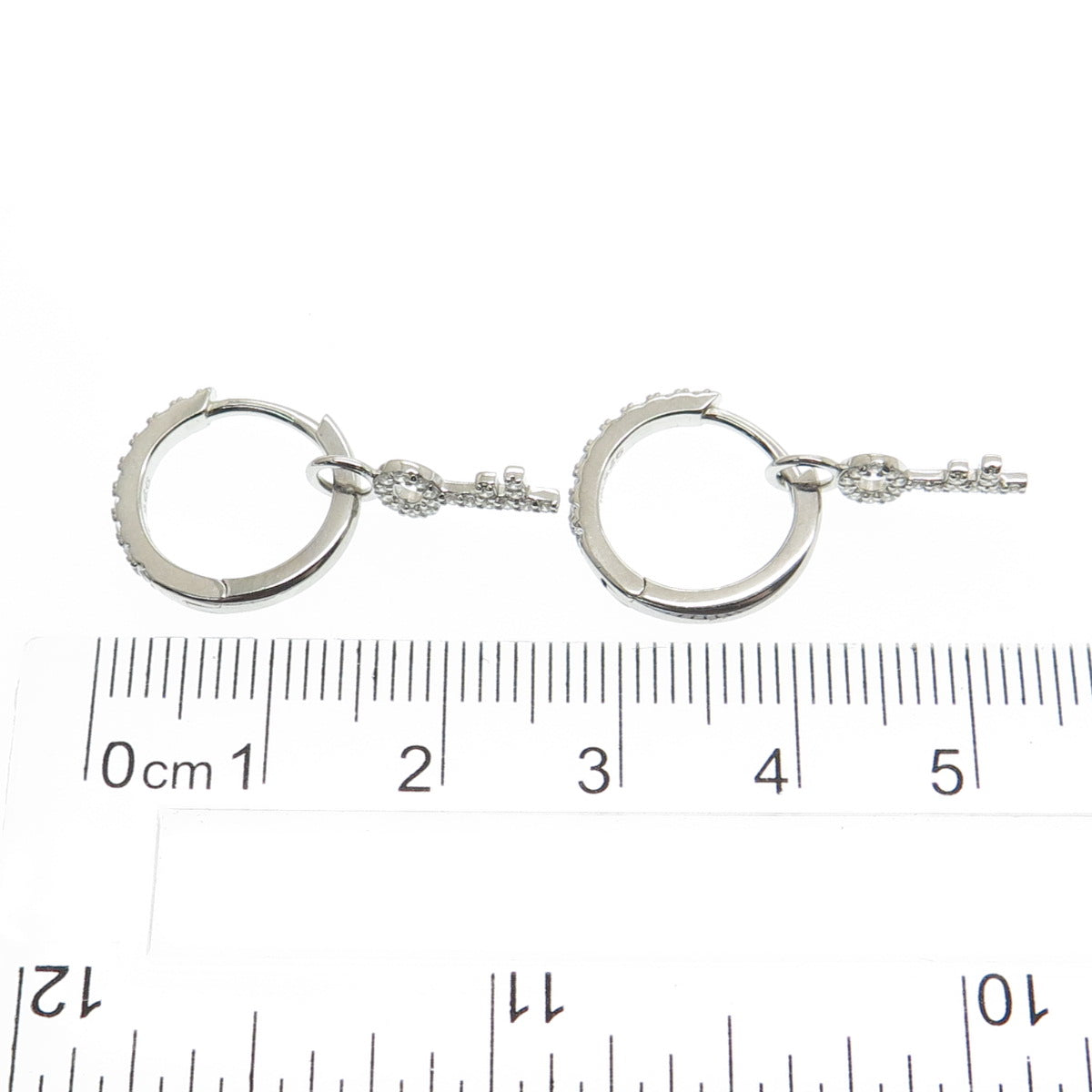 HAN 925 Sterling Silver Round-Cut C Z Key Charm Hoop Earrings