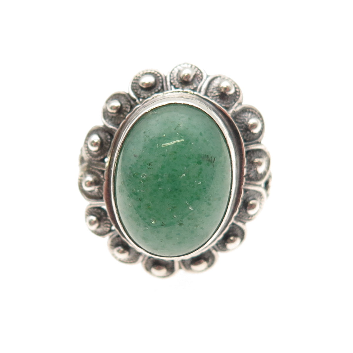 925 Sterling Silver Antique Art Deco Real Aventurine Floral Oxidized Ring Size 9