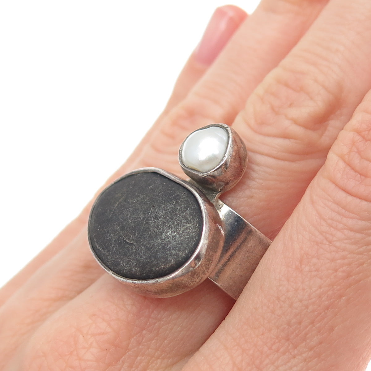 ECHO OF THE DREAMER 925 Sterling Vintage Real Pearl & River Stone Ring Size 8.75