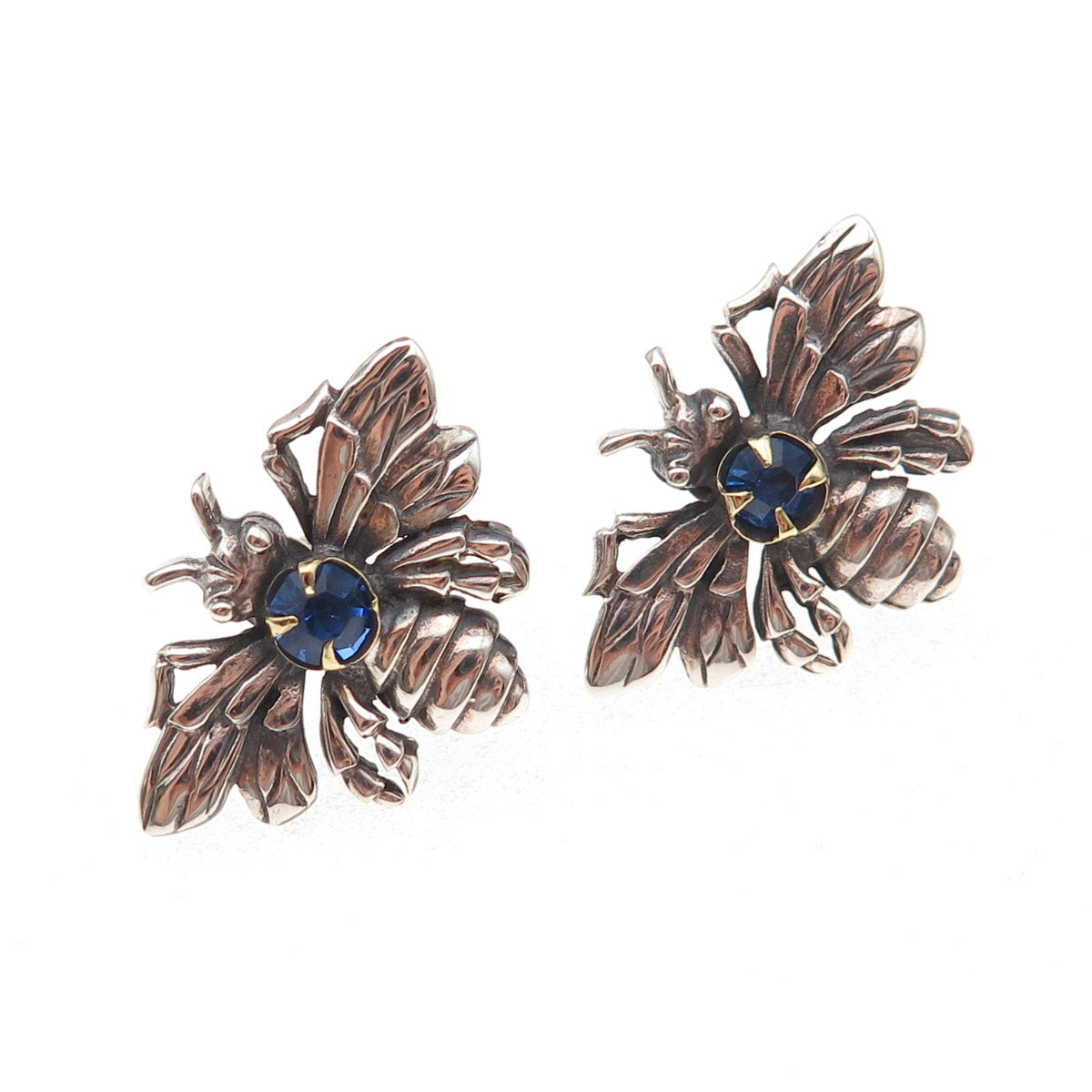925 Sterling Silver Antique Art Deco Rhinestone Bee Oxidized Screw Back Earrings