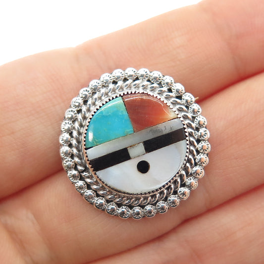 Old Pawn Sterling Silver Vintage Turquoise Coral Onyx & MOP Sun Face Pin Brooch
