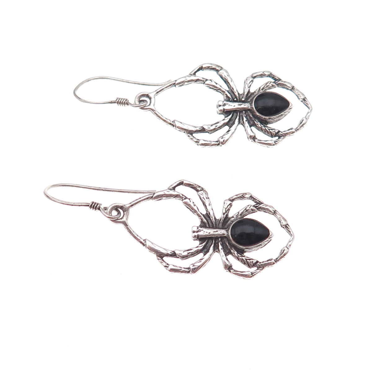 925 Sterling Silver Vintage Real Black Onyx Spider Oxidized Dangle Earrings