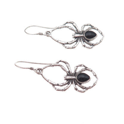 925 Sterling Silver Vintage Real Black Onyx Spider Oxidized Dangle Earrings