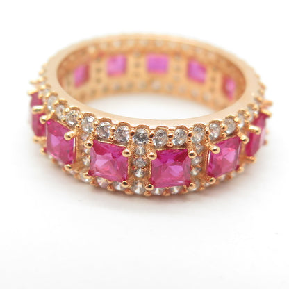 925 Sterling Silver Gold Plated Lab-Created Ruby & C Z Band Ring Size 5.25