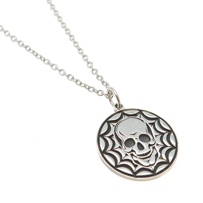 925 Sterling Silver Skull Spider Web Round Pendant Cable Chain Necklace 18"