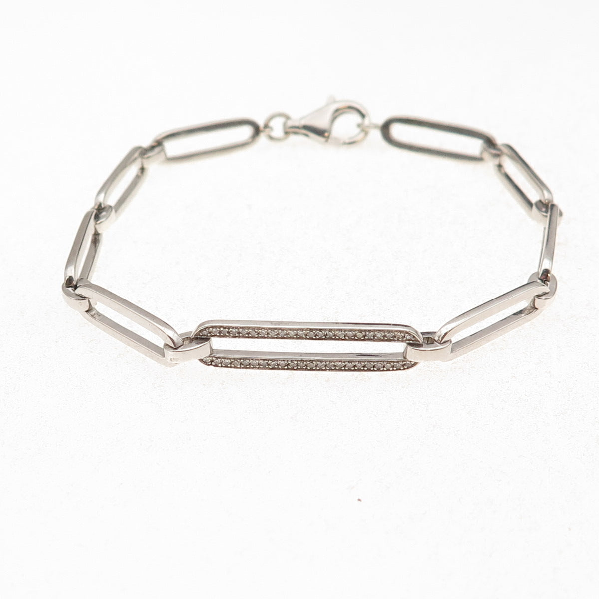 925 Sterling Silver Real Round-Cut Diamond Paperclip Link Bracelet 7.25"