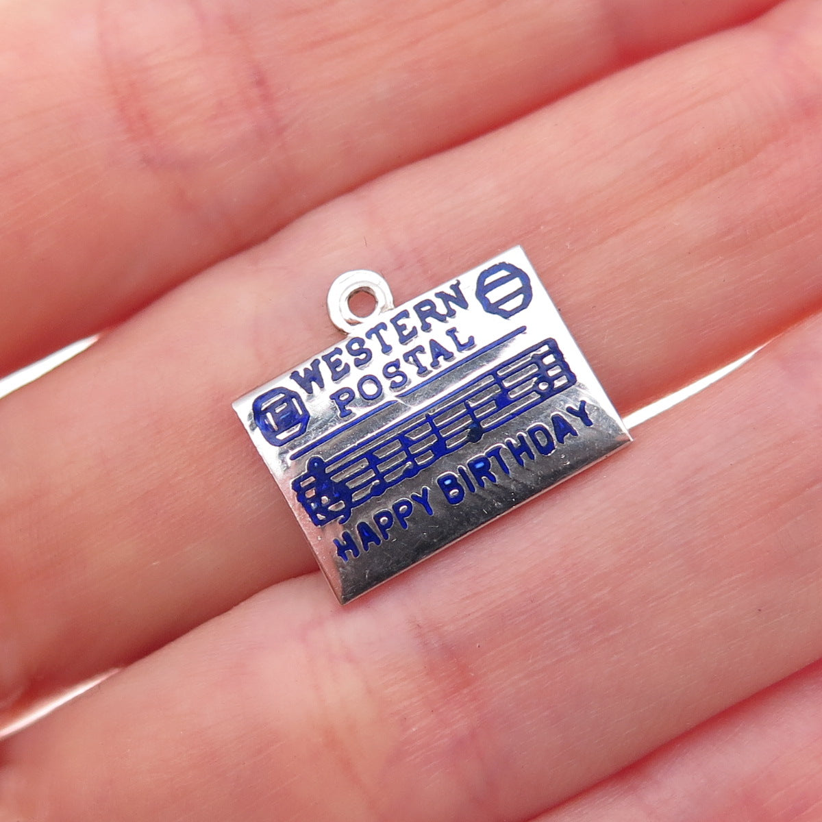 925 Sterling Vintage Enamel Western Postal Happy Birthday Telegram Charm Pendant